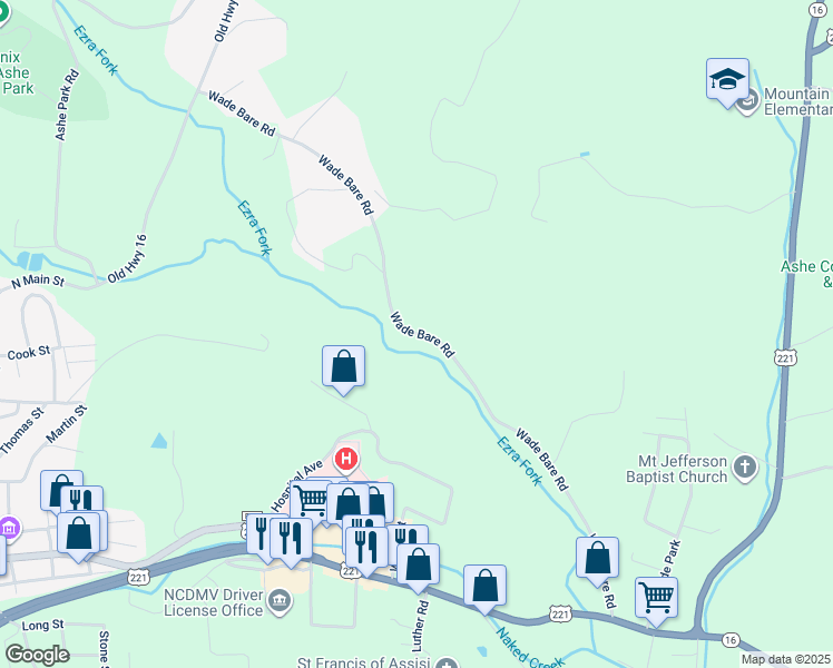 map of restaurants, bars, coffee shops, grocery stores, and more near 939 Wade Bare Road in Jefferson