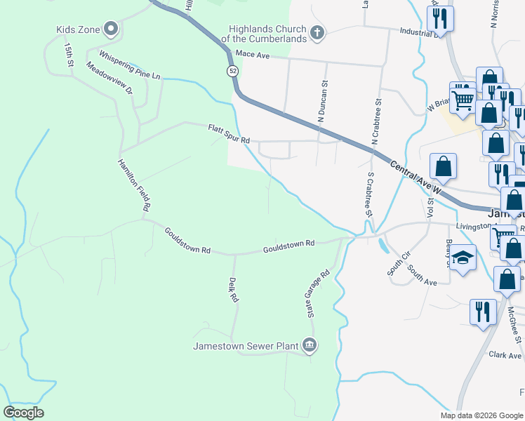 map of restaurants, bars, coffee shops, grocery stores, and more near 436 Allison Drive in Jamestown