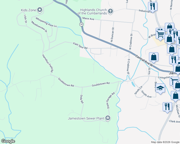 map of restaurants, bars, coffee shops, grocery stores, and more near 436 Allison Drive in Jamestown