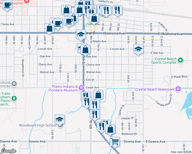 map of restaurants, bars, coffee shops, grocery stores, and more near 1823 7th Street in Woodward