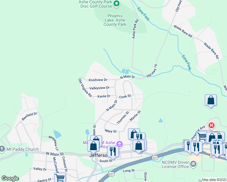 map of restaurants, bars, coffee shops, grocery stores, and more near 511 North Main Street in Jefferson