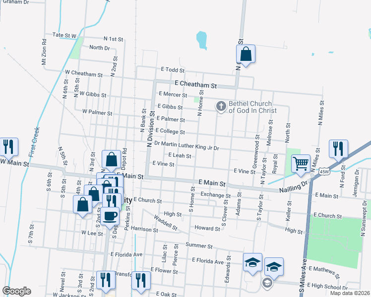 map of restaurants, bars, coffee shops, grocery stores, and more near 622 East Leah Street in Union City