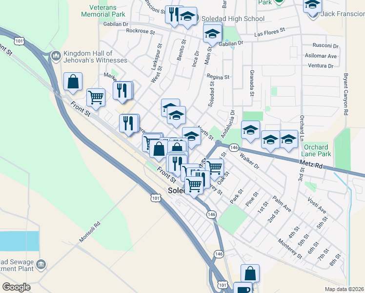 map of restaurants, bars, coffee shops, grocery stores, and more near 261 Kidder Street in Soledad