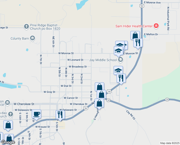 map of restaurants, bars, coffee shops, grocery stores, and more near 510 East 1st Street in Jay