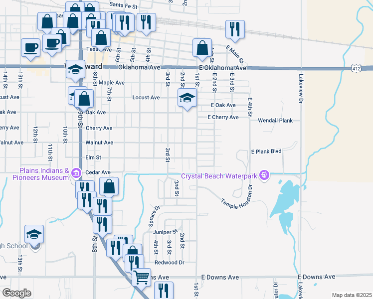 map of restaurants, bars, coffee shops, grocery stores, and more near 112 Elm Avenue in Woodward