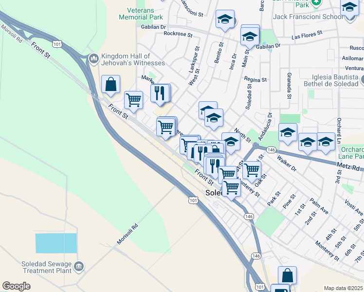 map of restaurants, bars, coffee shops, grocery stores, and more near 137 Main Street in Soledad