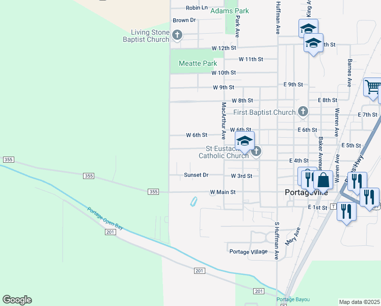 map of restaurants, bars, coffee shops, grocery stores, and more near 104 Redbud Circle in Portageville