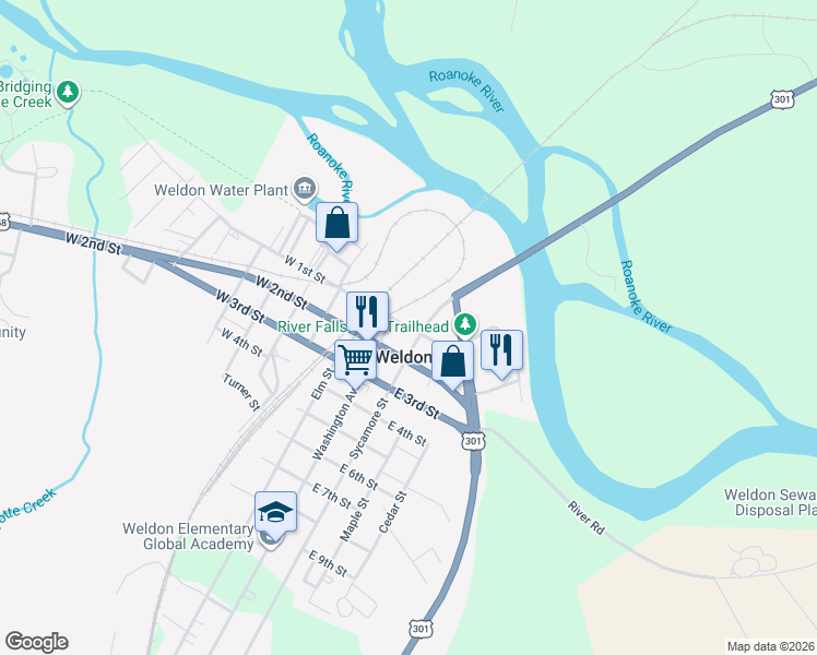 map of restaurants, bars, coffee shops, grocery stores, and more near 56 East 1st Street in Weldon