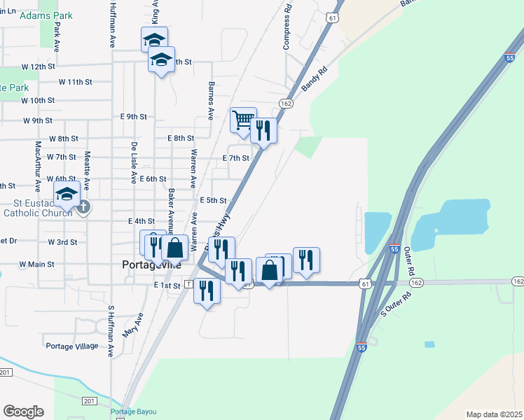 map of restaurants, bars, coffee shops, grocery stores, and more near 504 Foster Avenue in Portageville