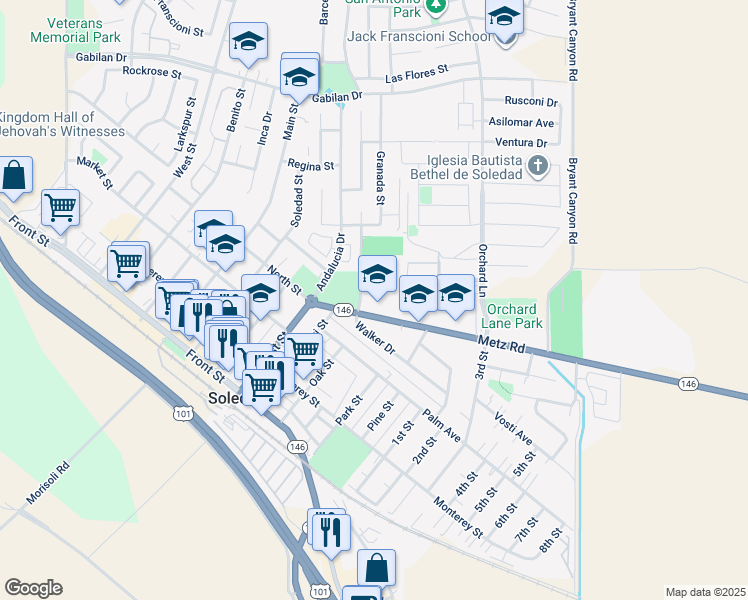 map of restaurants, bars, coffee shops, grocery stores, and more near 330 Walker Drive in Soledad