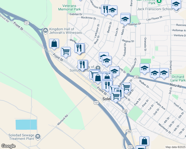 map of restaurants, bars, coffee shops, grocery stores, and more near 137 Main Street in Soledad