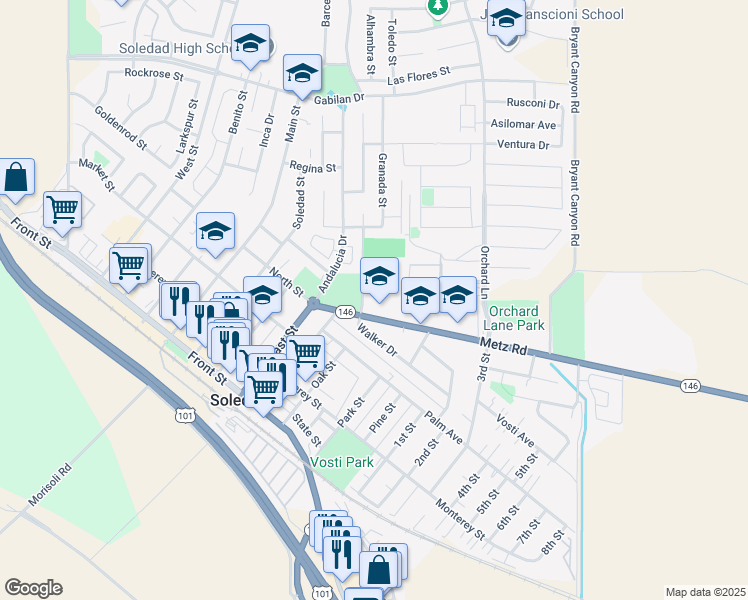map of restaurants, bars, coffee shops, grocery stores, and more near 330 Walker Drive in Soledad