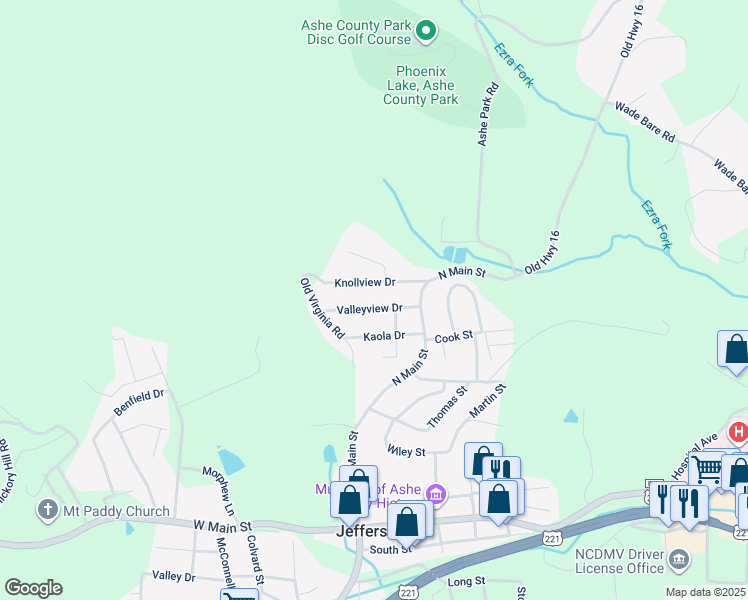 map of restaurants, bars, coffee shops, grocery stores, and more near 216 Valleyview Drive in Jefferson