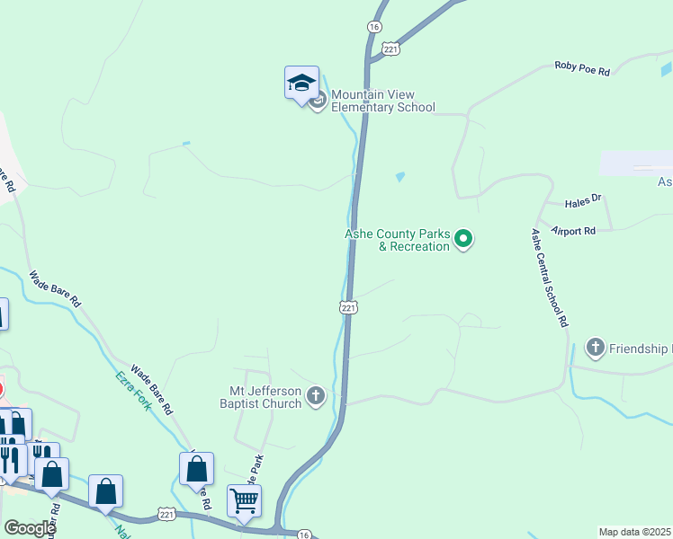 map of restaurants, bars, coffee shops, grocery stores, and more near 2321 U.S. Highway 221 North in Jefferson