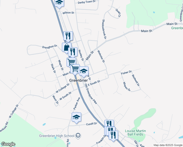 map of restaurants, bars, coffee shops, grocery stores, and more near 1003 Church Street in Greenbrier