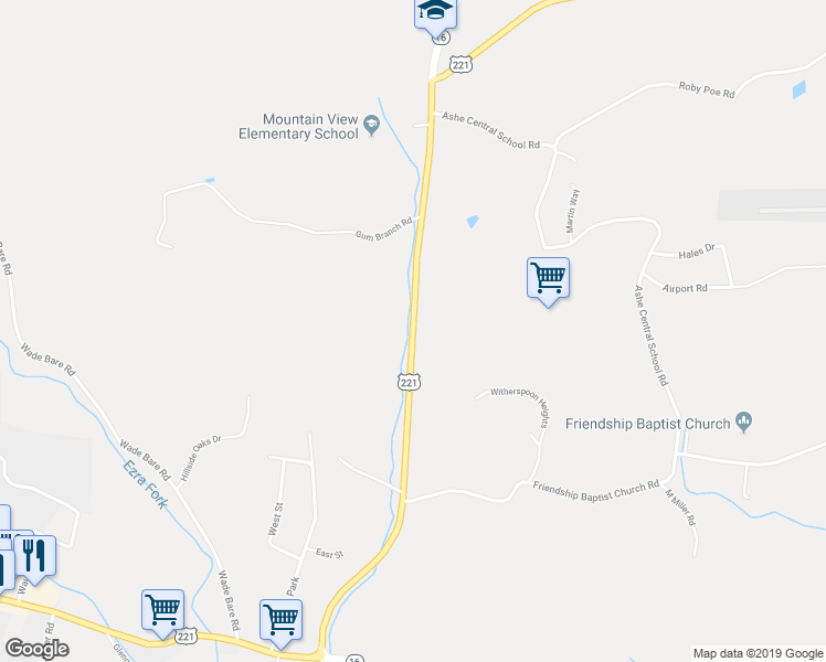 map of restaurants, bars, coffee shops, grocery stores, and more near U.S. Highway 221 North in Jefferson