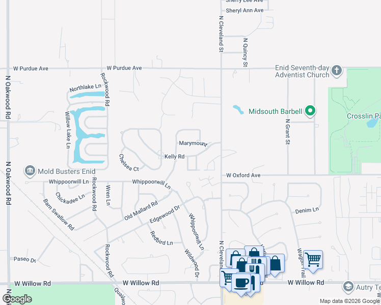 map of restaurants, bars, coffee shops, grocery stores, and more near 2609 Marymount in Enid