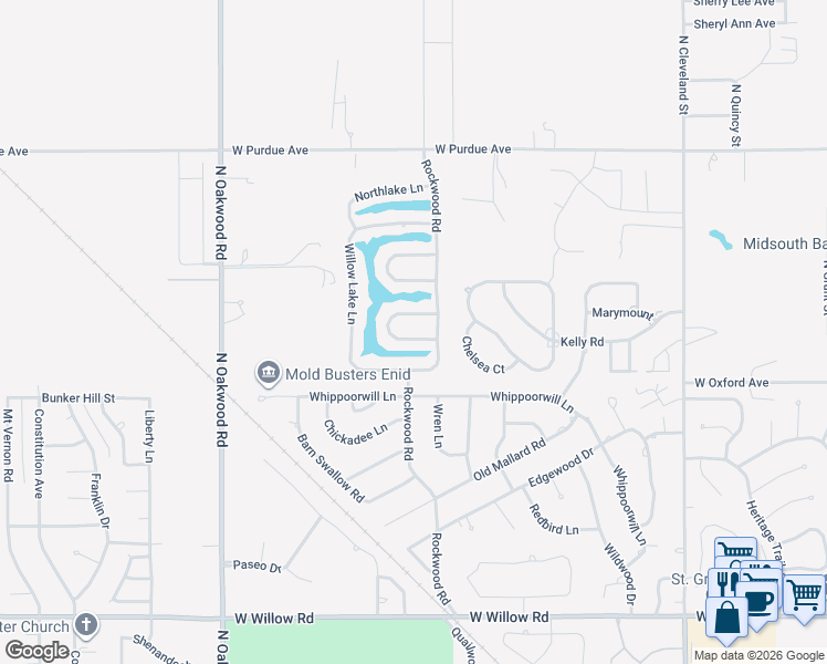 map of restaurants, bars, coffee shops, grocery stores, and more near 3641 Lakeshore Drive in Enid