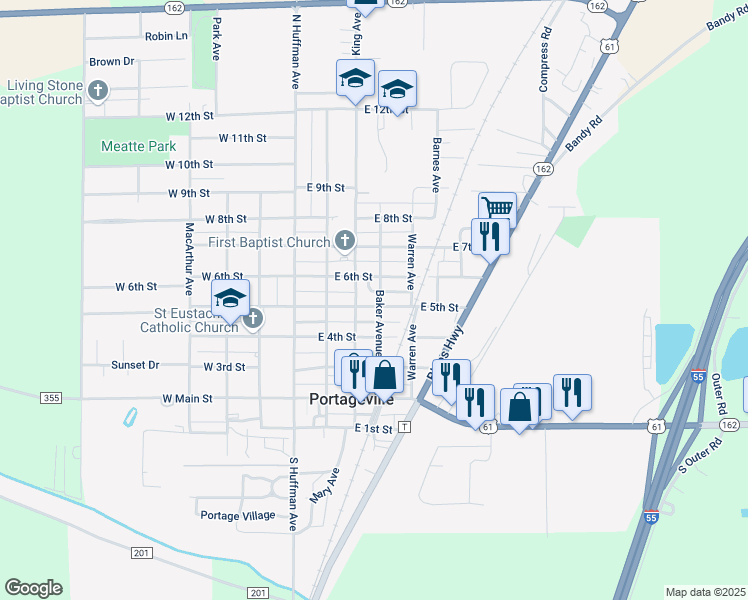 map of restaurants, bars, coffee shops, grocery stores, and more near 310 East 5th Street in Portageville