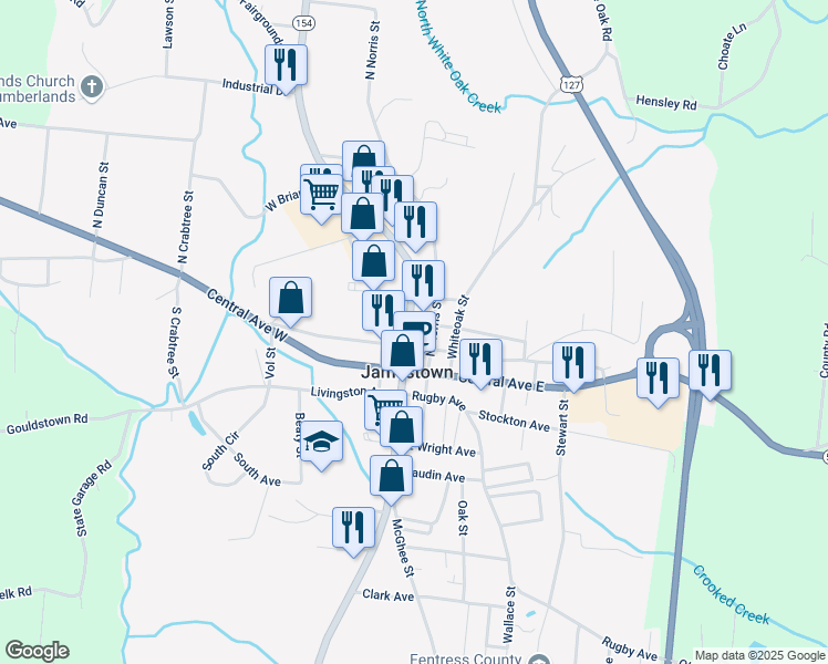 map of restaurants, bars, coffee shops, grocery stores, and more near 134 South Main Street in Jamestown