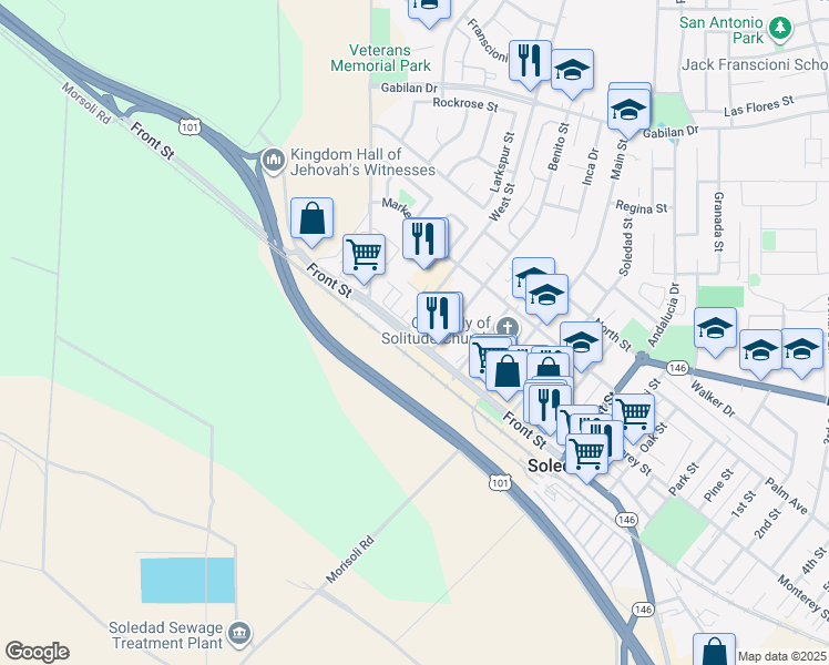 map of restaurants, bars, coffee shops, grocery stores, and more near 263 Front Street in Soledad