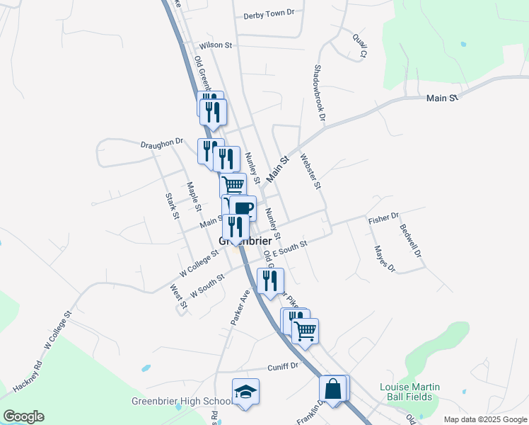 map of restaurants, bars, coffee shops, grocery stores, and more near 1206 Nunley Street in Greenbrier