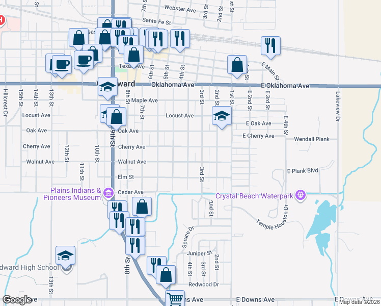 map of restaurants, bars, coffee shops, grocery stores, and more near 1706 4th Street in Woodward