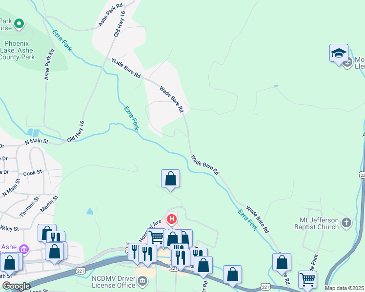 map of restaurants, bars, coffee shops, grocery stores, and more near 1021 Wade Bare Road in Jefferson