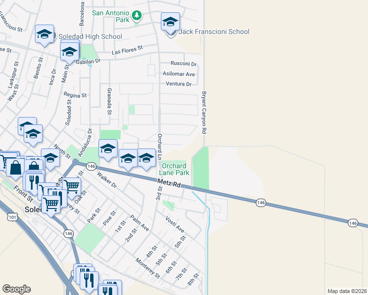 map of restaurants, bars, coffee shops, grocery stores, and more near 634 Cadena Drive in Soledad