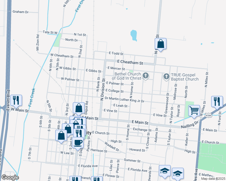 map of restaurants, bars, coffee shops, grocery stores, and more near 512 East College Street in Union City