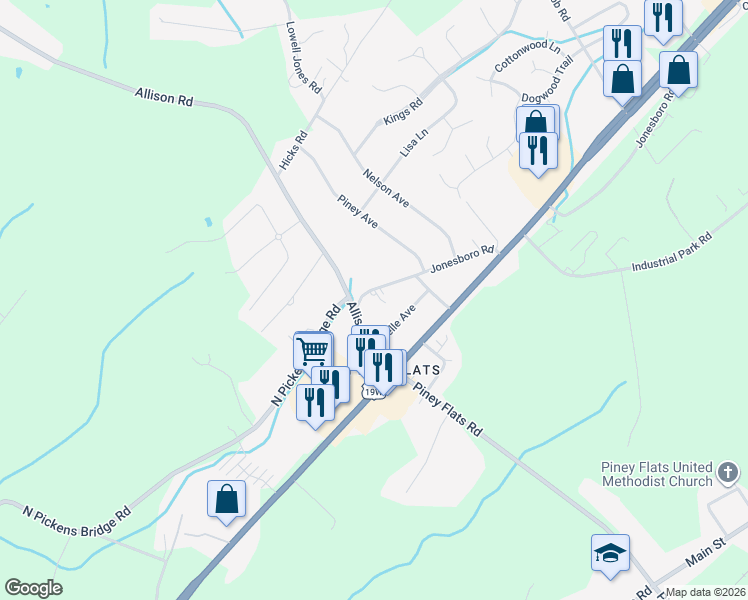 map of restaurants, bars, coffee shops, grocery stores, and more near 537 Jonesboro Rd in Piney Flats