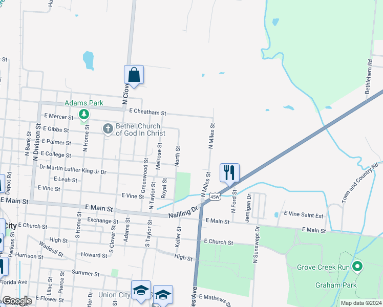 map of restaurants, bars, coffee shops, grocery stores, and more near 515 Nash Street in Union City