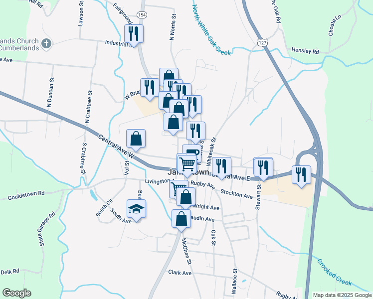 map of restaurants, bars, coffee shops, grocery stores, and more near 134 South Main Street in Jamestown