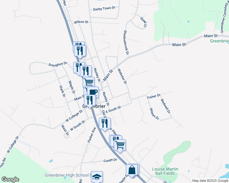 map of restaurants, bars, coffee shops, grocery stores, and more near 1003 Church St in Greenbrier