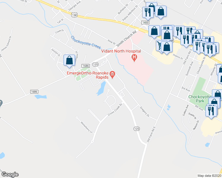 map of restaurants, bars, coffee shops, grocery stores, and more near 112 Charleston Place in Roanoke Rapids