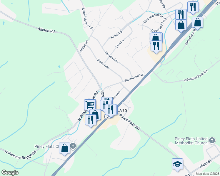 map of restaurants, bars, coffee shops, grocery stores, and more near 537 Jonesboro Road in Piney Flats