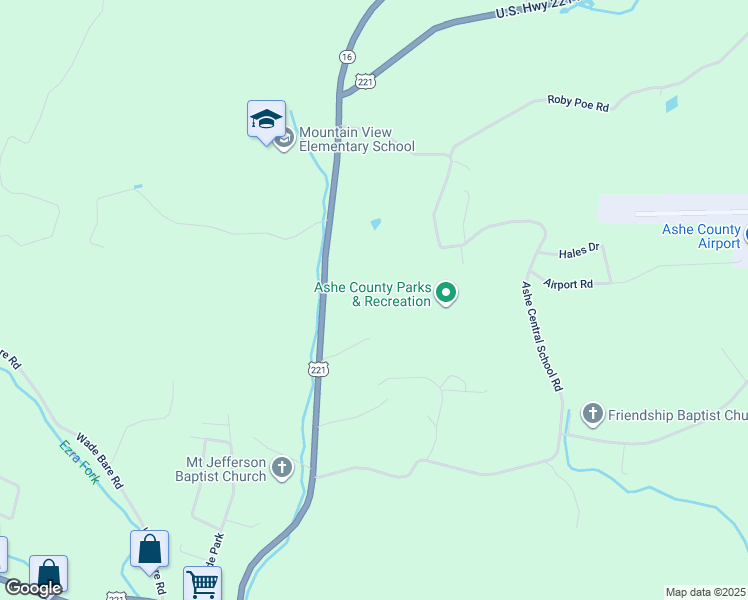 map of restaurants, bars, coffee shops, grocery stores, and more near 2410 U.S. Highway 221 North in Jefferson