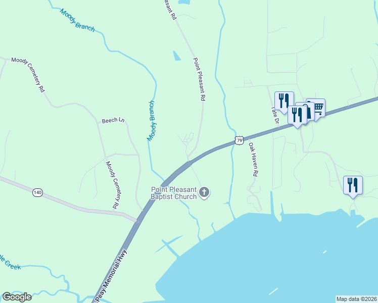 map of restaurants, bars, coffee shops, grocery stores, and more near 120 Point Pleasant Road in Buchanan