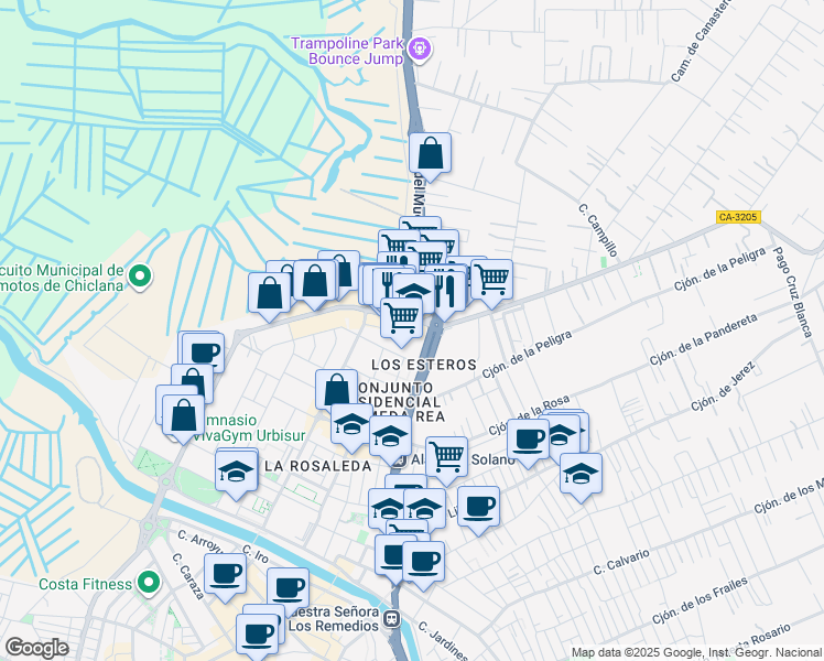 map of restaurants, bars, coffee shops, grocery stores, and more near 1 Avenida de los Descubrimientos in Chiclana de la Frontera