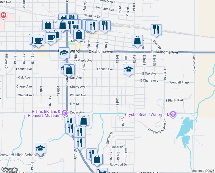 map of restaurants, bars, coffee shops, grocery stores, and more near 1706 4th Street in Woodward
