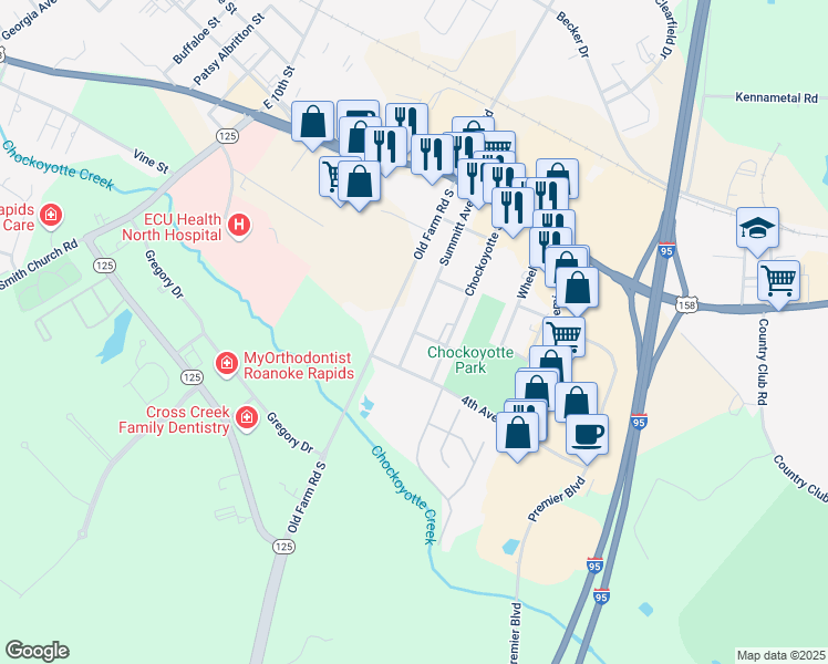 map of restaurants, bars, coffee shops, grocery stores, and more near 400 Summitt Avenue in Roanoke Rapids