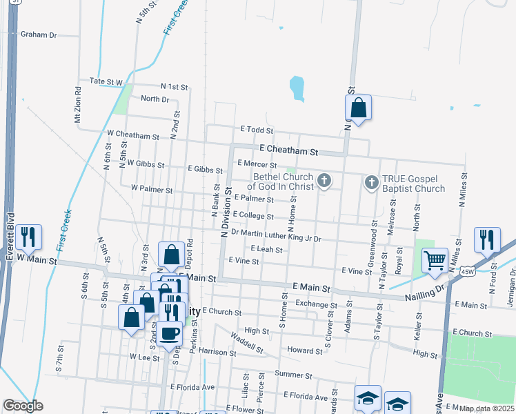 map of restaurants, bars, coffee shops, grocery stores, and more near 512 East College Street in Union City