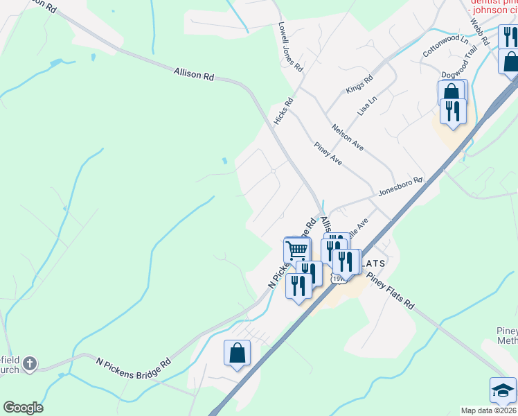 map of restaurants, bars, coffee shops, grocery stores, and more near 1341 Osler Court in Piney Flats