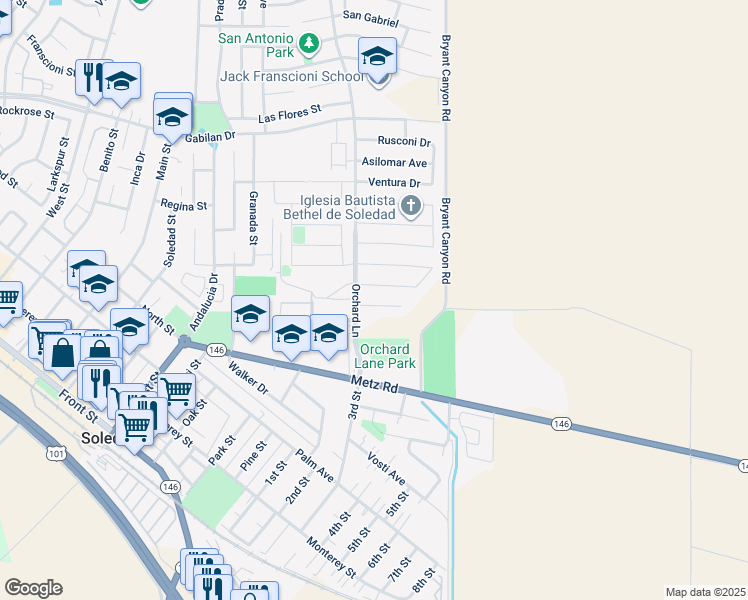 map of restaurants, bars, coffee shops, grocery stores, and more near 617 Aromas Place in Soledad