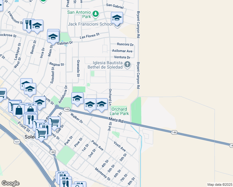 map of restaurants, bars, coffee shops, grocery stores, and more near 617 Aromas Place in Soledad
