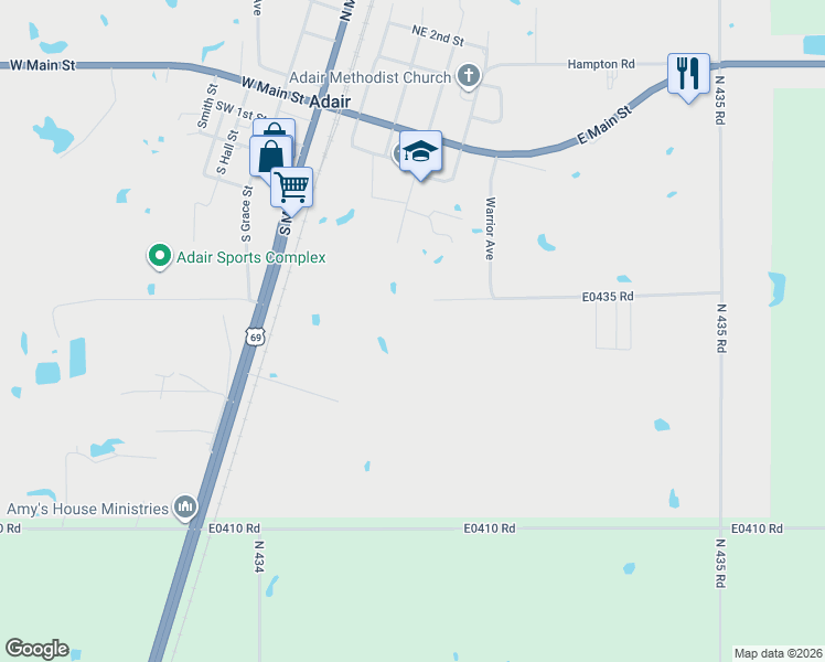 map of restaurants, bars, coffee shops, grocery stores, and more near 313 Warrior Road in Adair