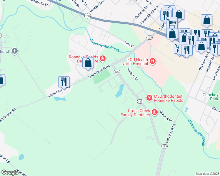 map of restaurants, bars, coffee shops, grocery stores, and more near 100 North Carolina 125 in Roanoke Rapids