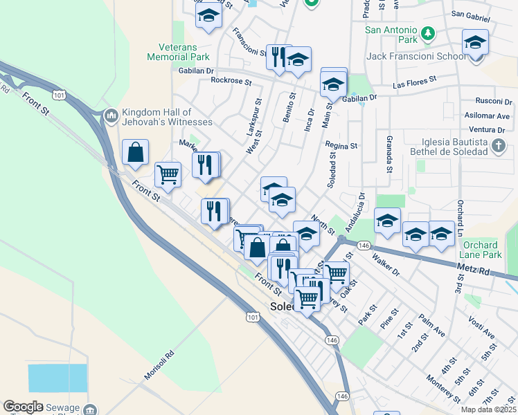 map of restaurants, bars, coffee shops, grocery stores, and more near 298 Encinal Street in Soledad