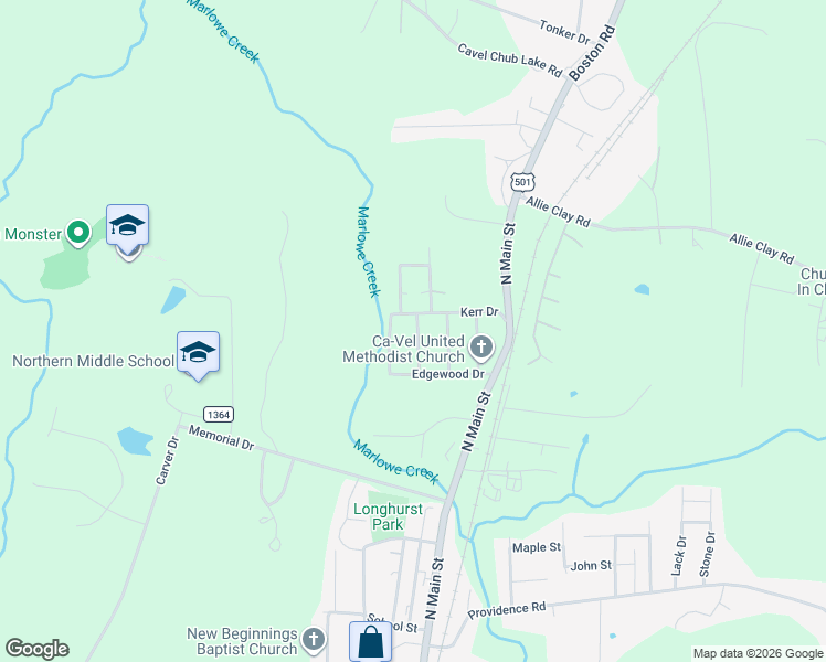 map of restaurants, bars, coffee shops, grocery stores, and more near 1712 Turner Street in Roxboro