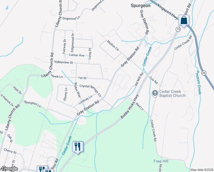 map of restaurants, bars, coffee shops, grocery stores, and more near 249 Valleyview Street in Gray